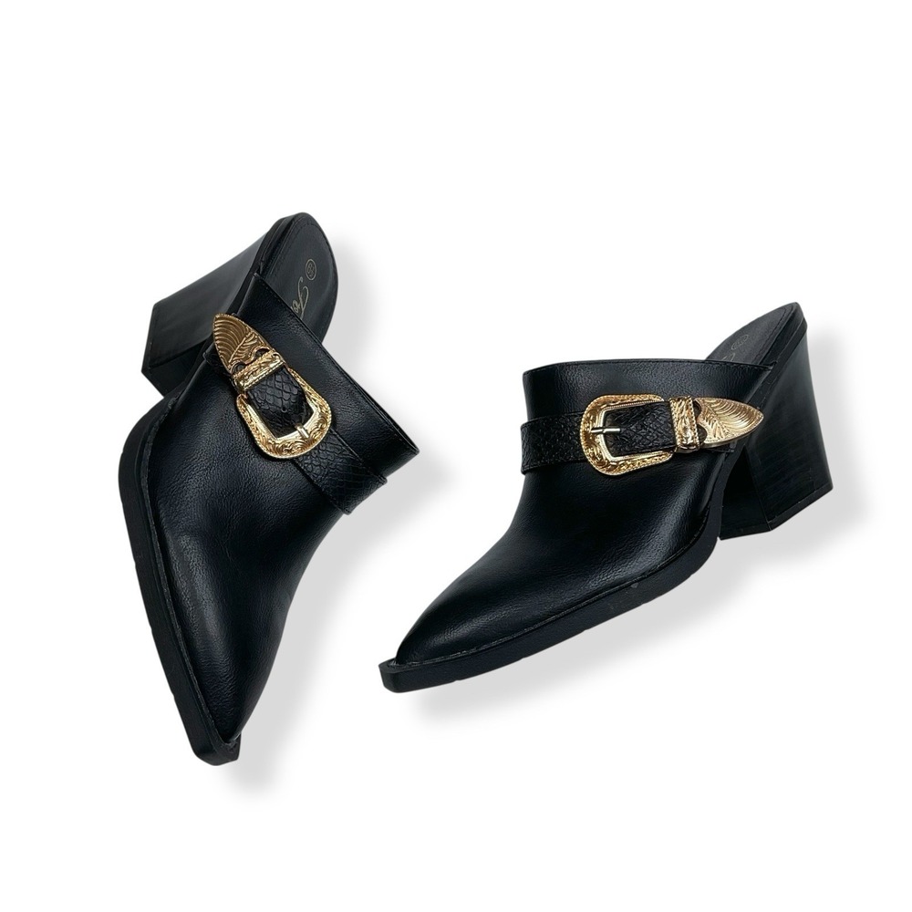 Forever Bootie Women 6.5M Black Pointed Toe Buckle Mule Slip On Western - Picture 2 of 12